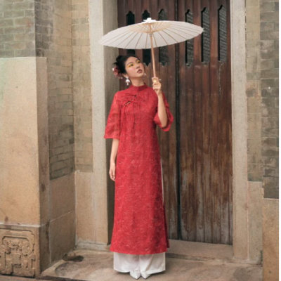 ÁO DÀI VÂN kèm quần thiết kế 3 nơ tay lửng form suông vải thuê hoa 