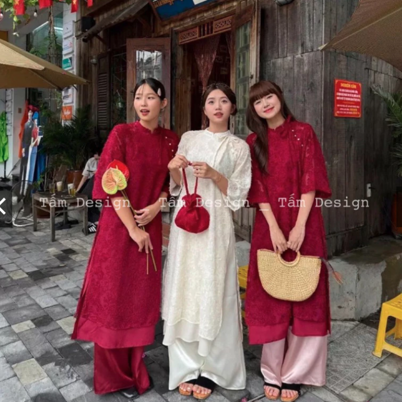 Áo dài Cherry cách tân cổ yếm tay bồng có thể tháo rời (tặng mấn khi mua cả set) - có bigsize 
