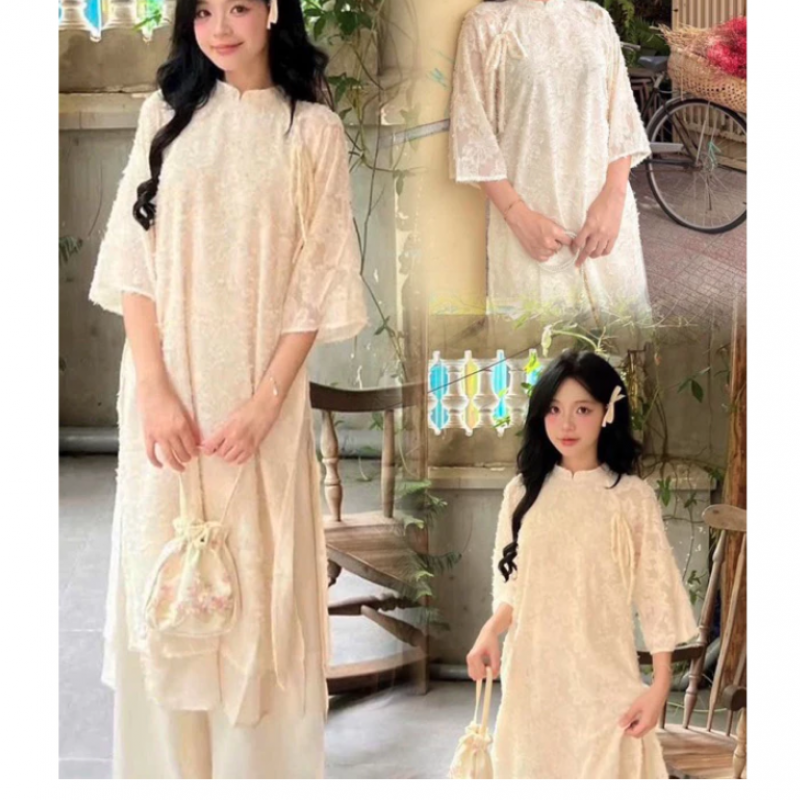 Áo dài Cherry cách tân cổ yếm tay bồng có thể tháo rời (tặng mấn khi mua cả set) - có bigsize 