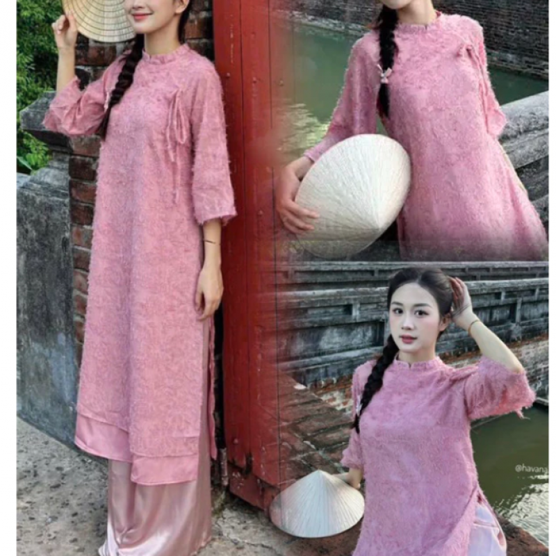 Áo dài Cherry cách tân cổ yếm tay bồng có thể tháo rời (tặng mấn khi mua cả set) - có bigsize 