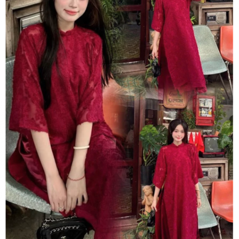 Áo dài Cherry cách tân cổ yếm tay bồng có thể tháo rời (tặng mấn khi mua cả set) - có bigsize 