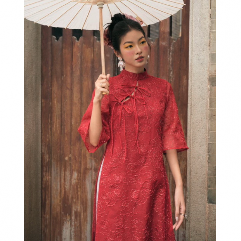 ÁO DÀI VÂN kèm quần thiết kế 3 nơ tay lửng form suông vải thuê hoa 